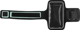 A black EVA phone arm band with a clear protective pocket and a mint green trim, featuring adjustable straps.