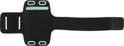 A black EVA phone arm band with light blue accents and multiple openings for secure fit and access.