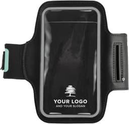 A black EVA phone arm band with a transparent front pocket for a phone and an adjustable strap. Features a logo.