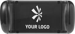 A black ABS mobile phone holder featuring a logo on its surface, designed for car use.