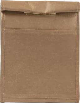 A beige nonwoven cooler bag with a flap closure and a front pocket. It features a logo on the front.