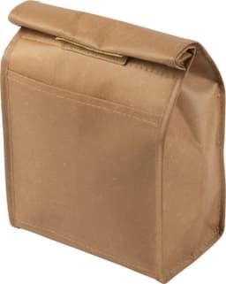 A brown nonwoven cooler bag with a fold-over top and a front pocket, featuring a logo.