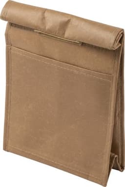 A tan nonwoven cooler bag featuring a roll-top design and a front pocket, with a simple logo.