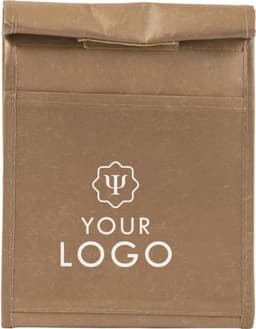 A brown nonwoven cooler bag with a folded top, featuring a logo on the front.