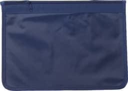 A navy nylon document bag with a zip closure and a textured edge. It features a logo on the side.