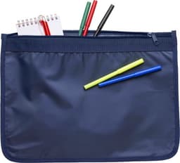 A navy nylon document bag with a zipper, featuring a notepad and several colourful pens.