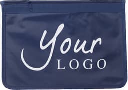 A navy nylon document bag features a logo on the front and a zippered closure.