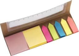 A cardboard sticky note holder featuring pink, yellow, green, and orange sticky notes, along with a ruler.