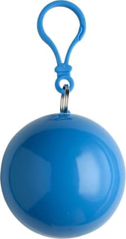 A blue round product with a clip, featuring a shiny surface and a metal ring. It has a logo on it.
