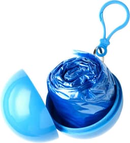 A blue PVC poncho neatly rolled inside a round blue capsule with a clip, ready for storage and transport.