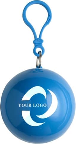 A blue promotional ball keychain with a clip and a logo on its surface.