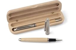 A beechwood writing set featuring a sleek pen with a metal clip and a matching wooden case.