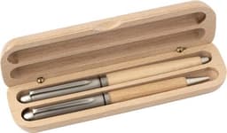 A beechwood writing set featuring two pens with silver accents, housed in a wooden case.