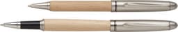 A beechwood writing set featuring two pens with silver accents and natural wood finishes.