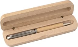 A beechwood ballpen in a wooden case. The pen features a natural wood finish with metallic accents.