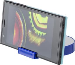 A blue ABS pen holder with a ballpen, designed to hold a smartphone or tablet in an upright position.