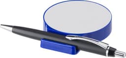 A black ballpoint pen with a silver clip and a blue ABS pen holder. The holder has a circular, white surface.