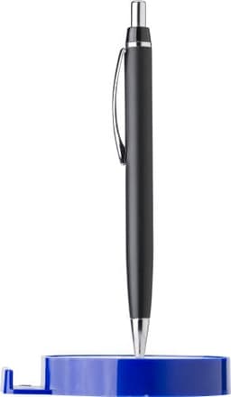 A blue ABS pen holder with a black ballpoint pen, featuring a simplistic design and a branding logo.