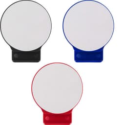 Three round, flat mirrors with plastic bases, available in black, red, and blue. Each has a smooth reflective surface.