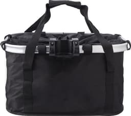 A black polyester bicycle bag with sturdy handles and a secure lid. It features a branding logo on the side.