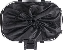 A black polyester bicycle bag with a drawstring closure and a mounting bracket. It has a logo.