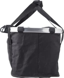 A black polyester bicycle bag with a shoulder strap and a silver frame. It features a logo on the front.