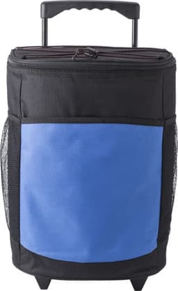 A black and blue cooler trolley with a pull handle and mesh side pockets, designed for carrying drinks.