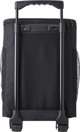A black cooler trolley with a retractable handle and mesh side pockets. It features a logo on the front.