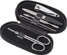 A black PVC pouch containing a manicure set with scissors, nail clippers, and files, all in a compact design.