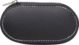 A black PVC pouch with a zip closure, featuring white stitching. Contains a manicure set inside.