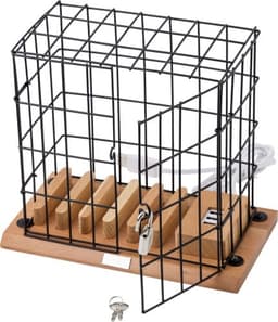 A black wire cage phone holder with a wooden base and multiple compartments, featuring a USB charging connection.