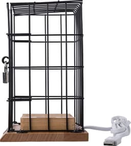 A black metal charging station with a wooden base, featuring a cable attached for power.