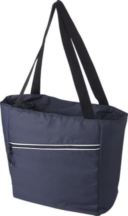 A navy cooler bag with a zippered front pocket and black shoulder straps, featuring a logo.