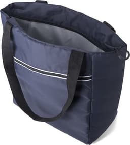 A navy Pongee cooler bag with black straps, featuring a zip closure and a sleek design.