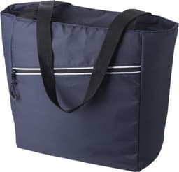 A navy cooler bag with black straps and a front zip pocket, featuring a logo on the side.