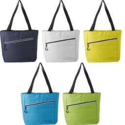 A collection of Pongee cooler bags in navy, grey, yellow, blue, and green, each with black straps and a zippered pocket.
