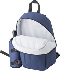 A navy polyester cooler backpack with a zippered main compartment and a side pocket for a drink bottle.