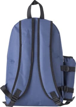 A blue polyester cooler backpack featuring adjustable straps and an exterior drink bottle holder.