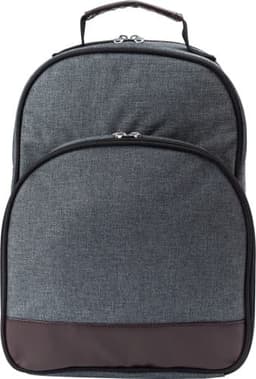 A grey polycanvas picnic cooler bag with a dark brown base and two zippered compartments. It has a handle on top and a logo.