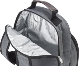 A grey polycanvas picnic cooler bag with a silver insulated interior and black straps featuring a logo.