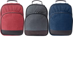 A picnic cooler bag in red, grey, and blue, featuring a top handle and zipper closure. Each bag has a contrasting base.