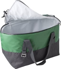 A green and grey polycanvas cooler bag with a zippered opening and sturdy handles, featuring an insulated interior.
