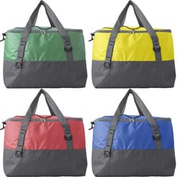 Four polycanvas cooler bags are displayed in green, yellow, red, and blue with grey bottoms and adjustable straps.