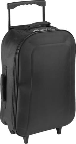 A black polyester wheeled trolley bag with a retractable handle and four wheels for mobility.