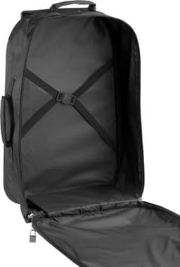 A black 600D polyester wheeled trolley bag with an open interior and buckle straps. It features a logo.
