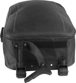 A black wheeled trolley bag with a padded top, featuring a handle and wheels for easy transport.