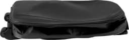 A black wheeled trolley bag with a zippered opening and smooth surfaces. It features wheels for easy transport.