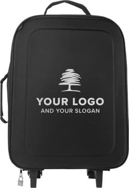 A black wheeled bag with a handle, featuring a logo on the front.
