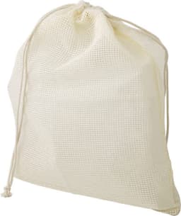 A cream-coloured mesh bag with a drawstring closure and a logo. Ideal for storing fruits and vegetables.