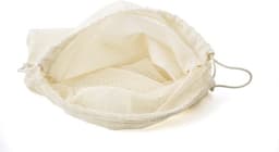 An organic cotton bag in cream featuring a mesh design and drawstring closure, suitable for fruits and vegetables.
